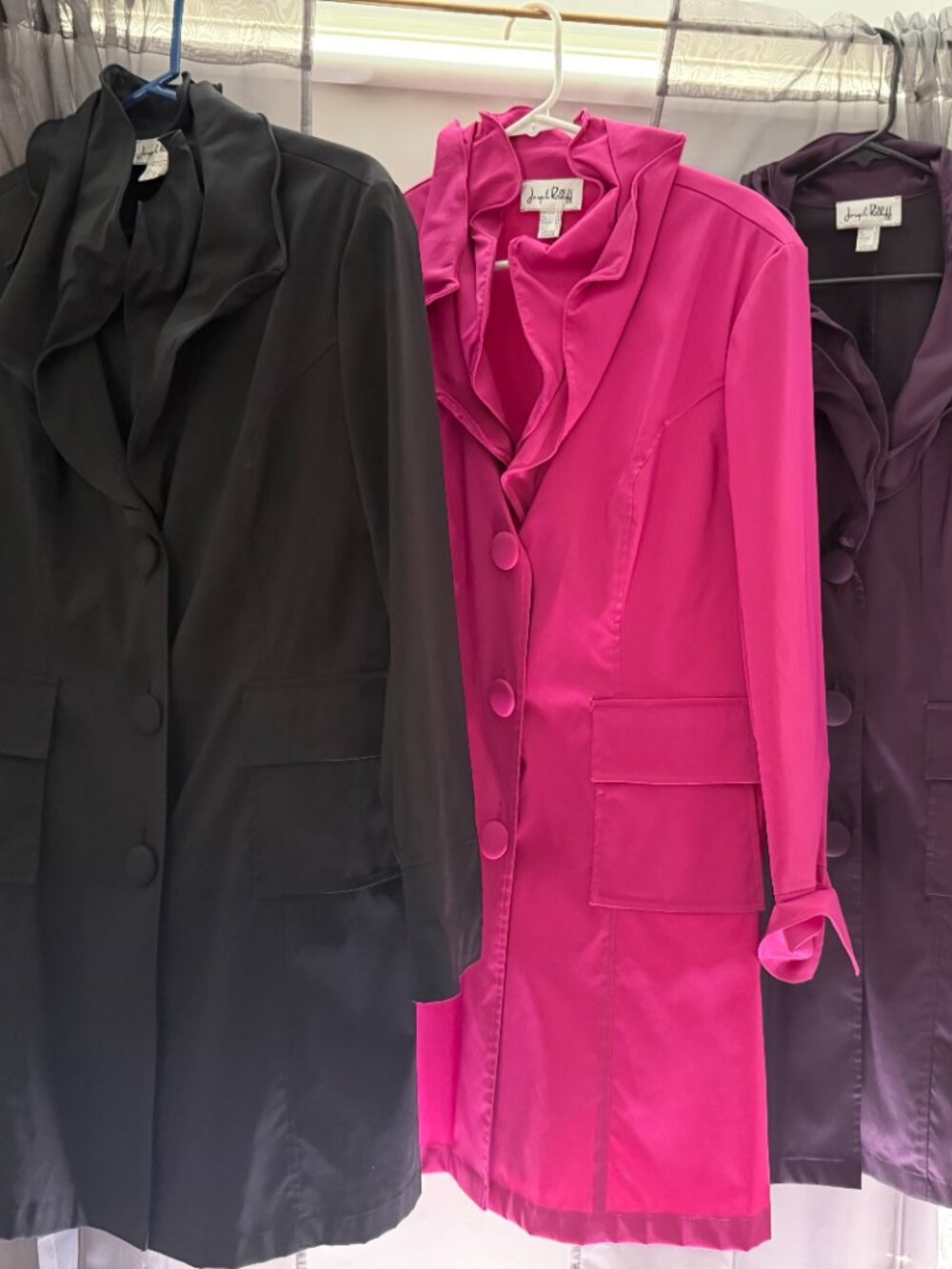3 Joseph Ribkoff Black Ruffle-Collar Coats, one pink, one black, one burgundy
